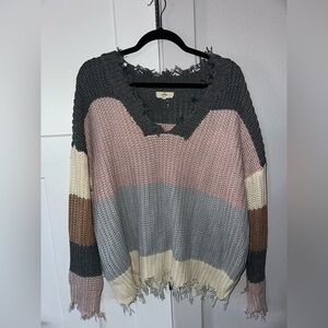 Entro V-Neck Sweater in Gray, Pink, Cream, and Brown